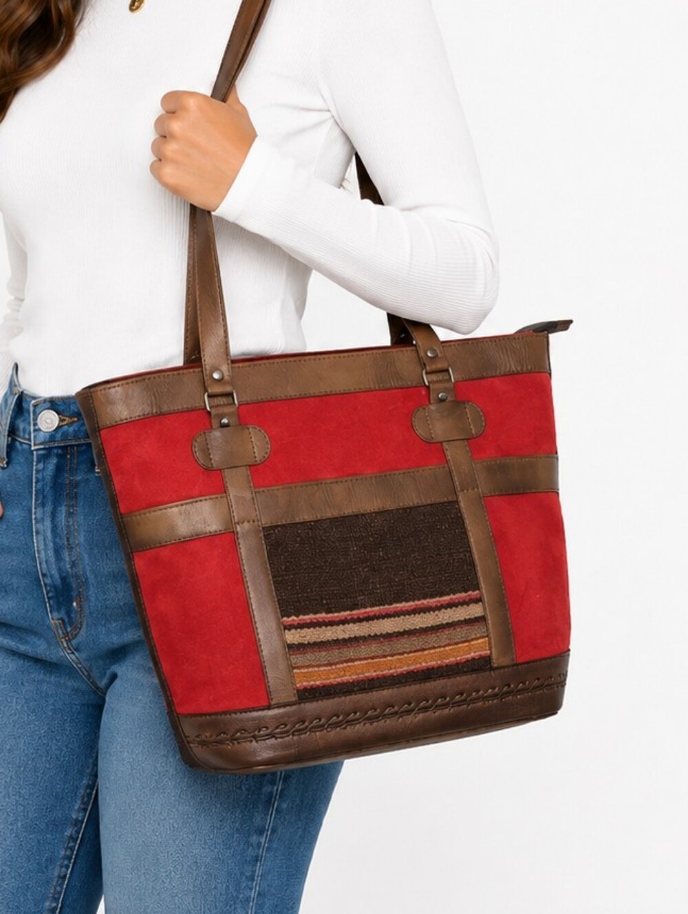 👜 Boho Red Suede & Leather Tote Bag | Southwestern Stripe Shoulder Purse